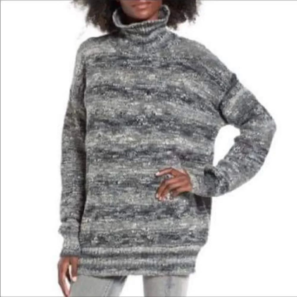Leith Gray Marled Chunky Oversized Marled Stripe Turtleneck Knit